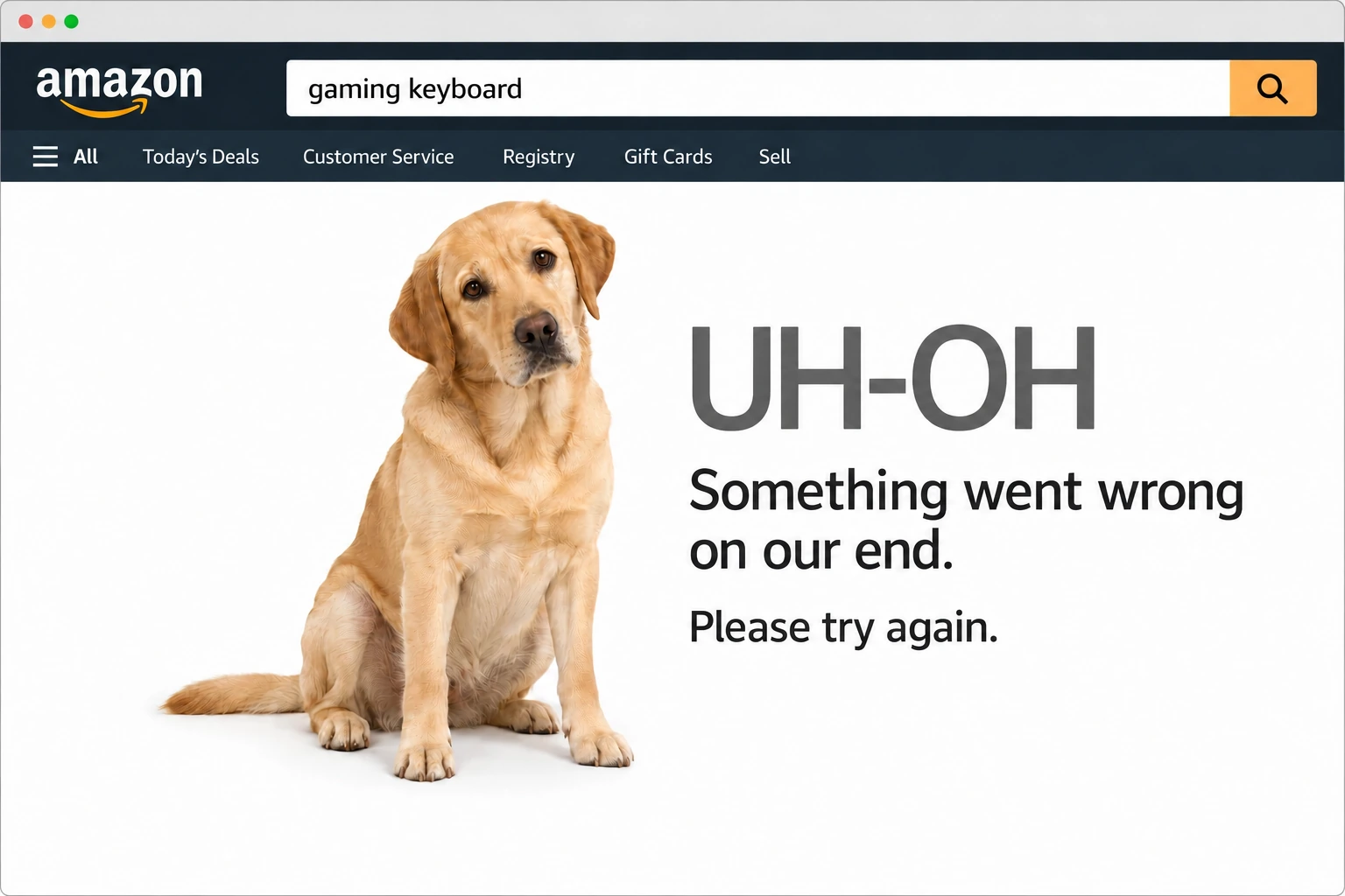 AI-generated parody of an Amazon error page after an imagined search for gaming keyboard, showing a golden Labrador