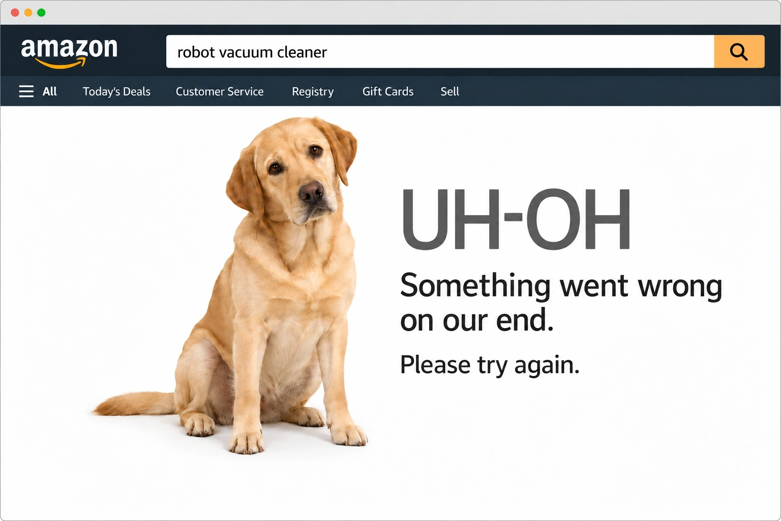 AI-generated parody of an Amazon error page after an imagined search for robot vacuum cleaner, showing a golden Labrador
